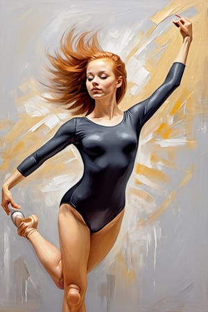 (beautiful read head, Caucasian girl, wearing a leotard: 1.4), type 3 hair, practice, rhythmic gymnastics,point shoes, on train, dancing, figures, golden brushstrokes. Textured background. Oil on canvas. modern Art. grey, wallpaper, poster, card, mural, print, wall art, detailmaster2, Add_any_gymnastics_skill