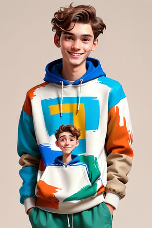 Clean Cartoon-brushstrokes Painting, crisp, simple, colored_lineart_illustration style, 1 boy, (21 years old), light skin, white, Italian brown, realism, cool, Nonchalant, full body, sweater, wind breaker, clothes, male model, pose, posing, photography, Instagram, selfie, smiling, , handsome, quirky, innocent, masculine, hard, innocent, whimsical, happy, young, vibrant, cute, slender/skinny body shape, normal size head, head that fits body, high quality, masterpiece ,3D