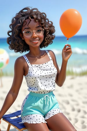 Clean Cartoon-brushstrokes Painting, crisp, simple, colored_lineart_illustration style, 1 woman, (21 years old), melanated female, brown skin, dark skin, type 4 hair, curly hair, realism, birthday party, birthday girl, balloons, sitting on a beach chair, beach chair, self_shot, fully clothed, beautiful, quirky, glasses, dimples, feminine, soft, freckles, whimsical, happy, young, vibrant, adorable, tank top, slender/petite body shape, normal size head, head that fits body, outfit, bathing suit with shorts, bottoms pants, one piece bathing suit, high quality, masterpiece ,3D