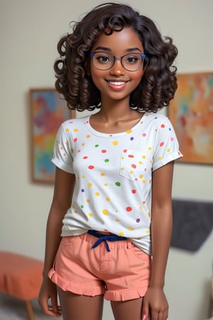 Clean Cartoon-brushstrokes Painting, crisp, simple, colored_lineart_illustration style, 1 woman, (21 years old), melanated female, brown skin, dark skin, type 4 hair, curly hair, realism, livingroom, standing, self_shot, fully clothed, beautiful, quirky, glasses, smiling, with teeth, dimples, feminine, soft, freckles, whimsical, happy, young, vibrant, adorable, tank top, slender/petite body shape, normal size head, head that fits body, outfit, jeans and shirt, high quality, masterpiece ,3D