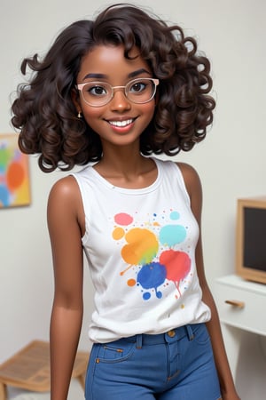 Clean Cartoon-brushstrokes Painting, crisp, simple, colored_lineart_illustration style, 1 woman, (21 years old), melanated female, brown skin, dark skin, type 4 hair, curly hair, realism, livingroom, standing, self_shot, fully clothed, beautiful, quirky, glasses, smiling, with teeth, dimples, feminine, soft, freckles, whimsical, happy, young, vibrant, adorable, tank top, slender/petite body shape, normal size head, head that fits body, outfit, jeans and shirt, high quality, masterpiece ,3D