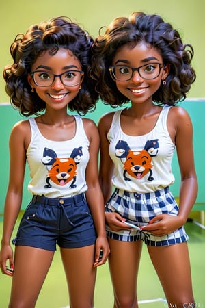 Clean Cartoon Painting, twins, 2 girls (21 years old), melanated female, brown skin, dark skin, type 4 hair, curly hair, realism, at school, in class, self_shot, fully clothed, beautiful, quirky, glasses, smiling, with teeth, dimples, feminine, soft, freckles, whimsical, happy, young, vibrant, adorable, tank top, mature, slender/petite body shape, normal size head, head that fits body, pajama shorts, high quality, masterpiece ,3D,fox tail