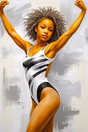 (beautiful mixed girl (black and white) mulatto, wearing a leotard: 1.4), type 3 hair, practice, rhythmic gymnastics,point shoes, on train, dancing, figures, golden brushstrokes. Textured background. Oil on canvas. modern Art. grey, wallpaper, poster, card, mural, print, wall art, detailmaster2, Add_any_gymnastics_skill