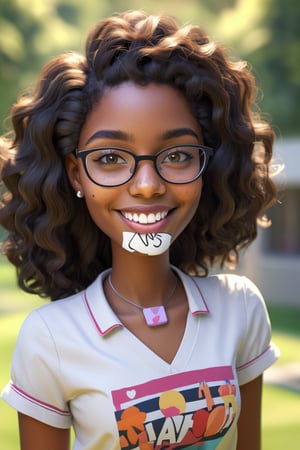Clean Cartoon Painting, 1 woman (21 years old), melanated female, brown skin, dark skin, type 4 hair, curly hair, realism, at school, in class, self_shot, fully clothed, beautiful, quirky, glasses, smiling, with teeth, dimples, feminine, soft, freckles, whimsical, happy, young, vibrant, adorable, tank top, mature, slender/petite body shape, normal size head, head that fits body, pajama shorts, high quality, masterpiece ,3D,fox tail