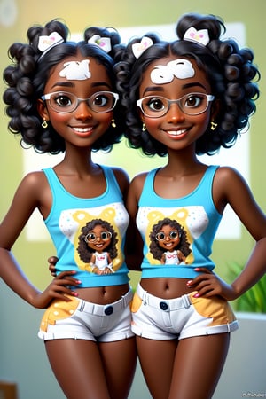 Clean Cartoon-brushstrokes Painting, 2 girls, twins, with koala ears, mashup, morph, morphing, 18+, melanated female, brown skin, dark skin, type 4 hair, curly hair, realism, home, on the couch, self_shot, fully clothed, beautiful, quirky, glasses, smiling, with teeth, dimples, feminine, soft, freckles, whimsical, happy, young, vibrant, adorable, tank top, slender/petite body shape, normal size head, head that fits body, jeans, cardigan shirt, high quality, masterpiece ,3D, Furry Mix