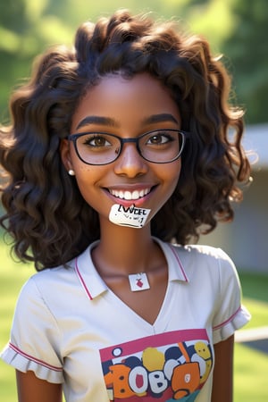 Clean Cartoon Painting, 1 woman (21 years old), melanated female, brown skin, dark skin, type 4 hair, curly hair, realism, at school, in class, self_shot, fully clothed, beautiful, quirky, glasses, smiling, with teeth, dimples, feminine, soft, freckles, whimsical, happy, young, vibrant, adorable, tank top, mature, slender/petite body shape, normal size head, head that fits body, pajama shorts, high quality, masterpiece ,3D