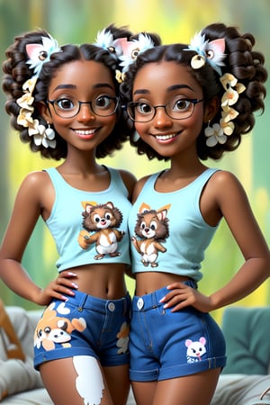 Clean Cartoon-brushstrokes Painting, 1 woman with koala ears, mashup, morph, morphing, and a tail (21 years old), melanated female, brown skin, dark skin, type 4 hair, curly hair, realism, home, on the couch, self_shot, fully clothed, beautiful, quirky, glasses, smiling, with teeth, dimples, feminine, soft, freckles, whimsical, happy, young, vibrant, adorable, tank top, slender/petite body shape, normal size head, head that fits body, jeans and a shirt, high quality, masterpiece ,3D,fox tail
