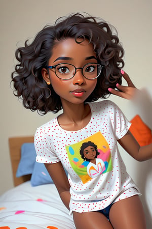 Clean Cartoon-brushstrokes Painting, crisp, simple, colored_lineart_illustration style, 1 woman, (21 years old), melanated female, brown skin, dark skin, type 4 hair, curly hair, realism, waking uo, in bed, bed hair, morning self_shot, fully, tired, clothed, beautiful, quirky, glasses, dimples, feminine, soft, freckles, whimsical, happy, young, vibrant, adorable, tank top, slender/petite body shape, normal size head, head that fits body, outfit, jeans and shirt, high quality, masterpiece ,3D