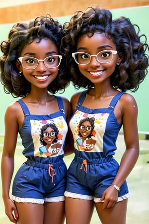 Clean Cartoon Painting, twins, 2 girls, melanated female, brown skin, dark skin, type 4 hair, curly hair, realism, at school, in class, self_shot, fully clothed, beautiful, quirky, glasses, smiling, with teeth, dimples, feminine, soft, freckles, whimsical, happy, young, vibrant, adorable, tank top, mature, slender/petite body shape, normal size head, head that fits body, pajama shorts, high quality, masterpiece ,3D