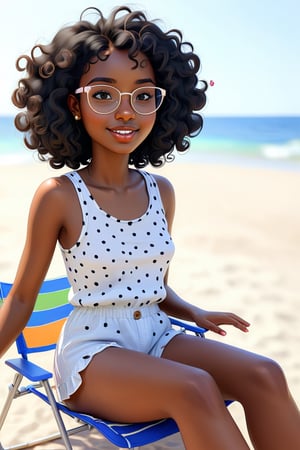 Clean Cartoon-brushstrokes Painting, crisp, simple, colored_lineart_illustration style, 1 woman, (21 years old), melanated female, brown skin, dark skin, type 4 hair, curly hair, realism, beach, sitting on a beach chair, beach chair, self_shot, fully clothed, beautiful, quirky, glasses, dimples, feminine, soft, freckles, whimsical, happy, young, vibrant, adorable, tank top, slender/petite body shape, normal size head, head that fits body, outfit, jeans and shirt, high quality, masterpiece ,3D
