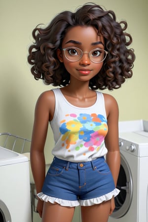Clean Cartoon-brushstrokes Painting, crisp, simple, colored_lineart_illustration style, 1 woman, (21 years old), melanated female, brown skin, dark skin, type 4 hair, curly hair, realism, laundry room, doing laundry, standing, self_shot, fully clothed, beautiful, quirky, glasses, dimples, feminine, soft, freckles, whimsical, happy, young, vibrant, adorable, tank top, slender/petite body shape, normal size head, head that fits body, outfit, jeans and shirt, high quality, masterpiece ,3D