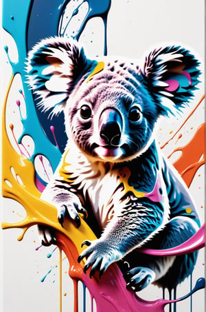masterpiece, hyper detailed artpiece, splash art, a koala, piercing eyes, splash style with colorful paint, contours, intricately detailed, fantastical, splash screen, complementary colors, fantasy concept art, 8k resolution, ((white background)), Intense contrasts, surreal, 

add_more_creative