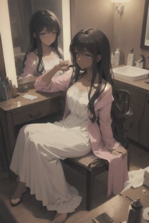 A 20 y/o, women, sitting at a vanity, starring in the mirror, bedroom, at her vanity doing her hair. beautiful, dark skinned, long locks. paddle brush, brush, hair brush, hair in hand. night gown, ready for bed. Masterpiece, high quality, best quality, 1girl, innocent, shy, happy, cute, 