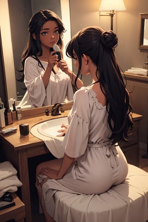 A 20 y/o, women, sitting at a vanity, starring in the mirror, bedroom, at her vanity doing her hair. beautiful, dark skinned, long locks. (Holding paddle brush), brush, hair brush, hair in hand. night gown, ready for bed. Masterpiece, high quality, best quality, 1girl, innocent, shy, happy, cute, (facing mirror), (reflection)
