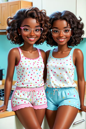 Clean Cartoon-brushstrokes Painting, crisp, simple, colored_lineart_illustration style, twins, 2girls, (21 years old), melanated female, brown skin, dark skin, type 4 hair, curly hair, realism, kitchen, sitting at the island, self_shot, fully clothed, beautiful, quirky, glasses, smiling, with teeth, dimples, feminine, soft, freckles, whimsical, happy, young, vibrant, adorable, tank top, slender/petite body shape, normal size head, head that fits body, pajama shorts, high quality, masterpiece ,3D