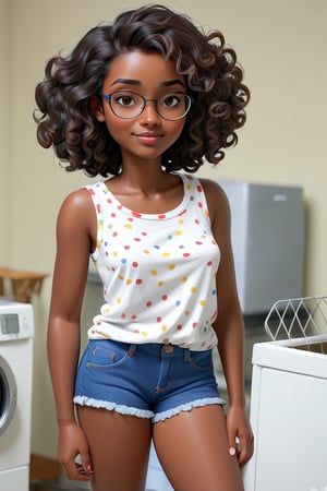 Clean Cartoon-brushstrokes Painting, crisp, simple, colored_lineart_illustration style, 1 woman, (21 years old), melanated female, brown skin, dark skin, type 4 hair, curly hair, realism, laundry room, doing laundry, standing, self_shot, fully clothed, beautiful, quirky, glasses, dimples, feminine, soft, freckles, whimsical, happy, young, vibrant, adorable, tank top, slender/petite body shape, normal size head, head that fits body, outfit, jeans and shirt, high quality, masterpiece ,3D