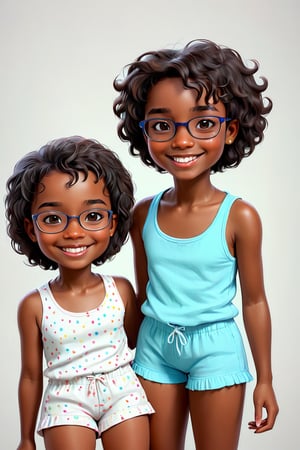 Clean Cartoon-brushstrokes Painting, crisp, simple, colored_lineart_illustration style, twins, 1 girl, 1 boy, male, female, siblings, same age, melanated siblings, brown skin, dark skin, type 4 hair, curly hair, realism, kitchen, sitting at the island, self_shot, fully clothed, beautiful, quirky, glasses, smiling, with teeth, dimples, feminine, soft, freckles, whimsical, happy, young, vibrant, adorable, tank top, slender/petite body shape, normal size head, head that fits body, pajama shorts, high quality, masterpiece ,3D, boy no glasses, no smile,