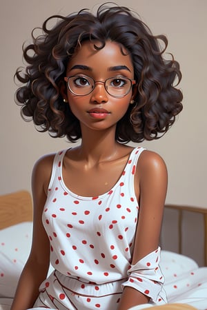 Clean Cartoon-brushstrokes Painting, crisp, simple, colored_lineart_illustration style, 1 woman, (21 years old), melanated female, brown skin, dark skin, type 4 hair, curly hair, realism, waking uo, in bed, bed hair, morning self_shot, fully, tired, clothed, beautiful, quirky, glasses, dimples, feminine, soft, freckles, whimsical, happy, young, vibrant, adorable, tank top, slender/petite body shape, normal size head, head that fits body, outfit, jeans and shirt, high quality, masterpiece ,3D