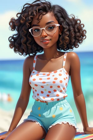 Clean Cartoon-brushstrokes Painting, crisp, simple, colored_lineart_illustration style, 1 woman, (21 years old), melanated female, brown skin, dark skin, type 4 hair, curly hair, realism, beach, sitting on a beach chair, beach chair, self_shot, fully clothed, beautiful, quirky, glasses, dimples, feminine, soft, freckles, whimsical, happy, young, vibrant, adorable, tank top, slender/petite body shape, normal size head, head that fits body, outfit, bathing suit with shorts, bottoms pants, one piece bathing suit, high quality, masterpiece ,3D