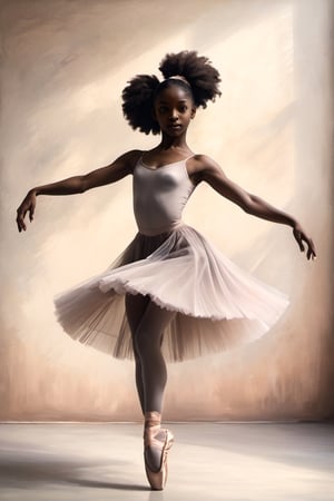 (beautiful melanated, brown, girl, dancing in point shoes, type 3 hair, practice, ballet,point shoes, realistic, portrait, elegance, beauty, maturity, dancing, figures, dance studio background.