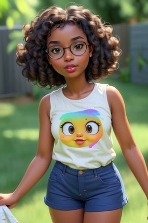 Clean Cartoon-brushstrokes Painting, crisp, simple, colored_lineart_illustration style, 1 woman, (21 years old), melanated female, brown skin, dark skin, type 4 hair, curly hair, realism, backyard, standing, self_shot, fully clothed, beautiful, quirky, glasses, duck face, with teeth, dimples, feminine, soft, freckles, whimsical, happy, young, vibrant, adorable, tank top, slender/petite body shape, normal size head, head that fits body, outfit, jeans and shirt, high quality, masterpiece ,3D