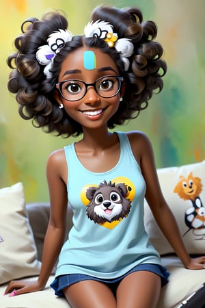 Clean Cartoon-brushstrokes Painting, 1 woman with koala ears, mashup, morph, morphing, and a tail (21 years old), melanated female, brown skin, dark skin, type 4 hair, curly hair, realism, home, on the couch, self_shot, fully clothed, beautiful, quirky, glasses, smiling, with teeth, dimples, feminine, soft, freckles, whimsical, happy, young, vibrant, adorable, tank top, slender/petite body shape, normal size head, head that fits body, jeans, cardigan shirt, high quality, masterpiece ,3D, Furry Mix