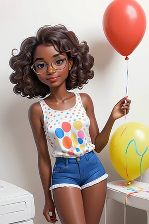 Clean Cartoon-brushstrokes Painting, crisp, simple, colored_lineart_illustration style, 1 woman, (21 years old), melanated female, brown skin, dark skin, type 4 hair, curly hair, realism, birthday party, birthday girl, balloons, home, living room, self_shot, fully clothed, beautiful, quirky, glasses, dimples, feminine, soft, freckles, whimsical, happy, young, vibrant, adorable, tank top, slender/petite body shape, normal size head, head that fits body, outfit, jeans and shirt, one piece bathing suit, high quality, masterpiece ,3D