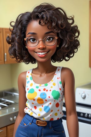 Clean Cartoon-brushstrokes Painting, crisp, simple, colored_lineart_illustration style, 1 woman, (21 years old), melanated female, brown skin, dark skin, type 4 hair, curly hair, realism, kitchen, standing, self_shot, fully clothed, beautiful, quirky, glasses, smiling, with teeth, dimples, feminine, soft, freckles, whimsical, happy, young, vibrant, adorable, tank top, slender/petite body shape, normal size head, head that fits body, outfit, jeans and shirt, high quality, masterpiece ,3D