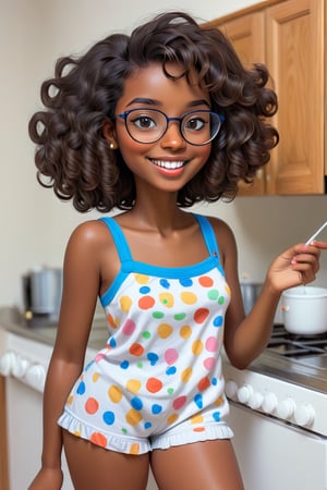 Clean Cartoon-brushstrokes Painting, crisp, simple, colored_lineart_illustration style, 1 woman, (21 years old), melanated female, brown skin, dark skin, type 4 hair, curly hair, realism, kitchen, standing, self_shot, fully clothed, beautiful, quirky, glasses, smiling, with teeth, dimples, feminine, soft, freckles, whimsical, happy, young, vibrant, adorable, tank top, slender/petite body shape, normal size head, head that fits body, pajama shorts, high quality, masterpiece ,3D