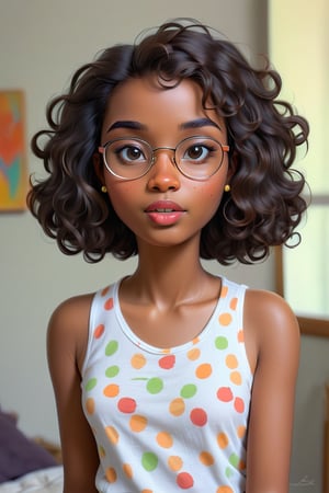 Clean Cartoon-brushstrokes Painting, crisp, simple, colored_lineart_illustration style, 1 woman, (21 years old), melanated female, brown skin, dark skin, type 4 hair, curly hair, realism, livingroom, standing, self_shot, fully clothed, beautiful, quirky, glasses, duck face, with teeth, dimples, feminine, soft, freckles, whimsical, happy, young, vibrant, adorable, tank top, slender/petite body shape, normal size head, head that fits body, outfit, jeans and shirt, high quality, masterpiece ,3D