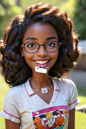 Clean Cartoon Painting, 1 woman (21 years old), melanated female, brown skin, dark skin, type 4 hair, curly hair, realism, at school, in class, self_shot, fully clothed, beautiful, quirky, glasses, smiling, with teeth, dimples, feminine, soft, freckles, whimsical, happy, young, vibrant, adorable, tank top, mature, slender/petite body shape, normal size head, head that fits body, pajama shorts, high quality, masterpiece ,3D,fox tail
