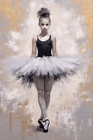 Abstract artistic background. Vintage illustration, (beautiful mixed, molatto, black and white girl wearing a tutu: 1.4), on her toes, point shoes, ballet figures, golden brushstrokes. Textured background. Oil on canvas. modern Art. grey, wallpaper, poster, card, mural, print, wall art, detailmaster2,  Dreamwave