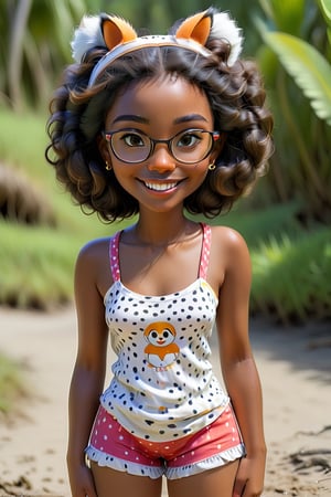 Clean Cartoon Painting, 1 woman with koala ears, mashup, morph, morphing, and a tail (21 years old), melanated female, brown skin, dark skin, type 4 hair, curly hair, realism, beach, sitting on an island, self_shot, fully clothed, beautiful, quirky, glasses, smiling, with teeth, dimples, feminine, soft, freckles, whimsical, happy, young, vibrant, adorable, tank top, slender/petite body shape, normal size head, head that fits body, pajama shorts, high quality, masterpiece ,3D,fox tail