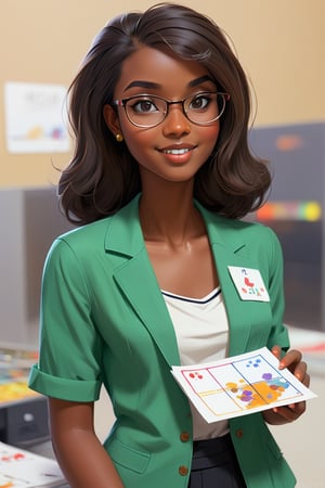 Clean Cartoon-brushstrokes Painting, crisp, simple, colored_lineart_illustration style, 1 woman, (21 years old), melanated female, brown skin, dark skin, type 4 hair, straight hair, blowout, realism, full body, at work, casino, cards, dice, uniform, fully clothed, no smile, beautiful, quirky, glasses, dimples, feminine, soft, freckles, whimsical, happy, young, vibrant, adorable, slender/petite body shape, normal size head, head that fits body, high quality, masterpiece ,3D
