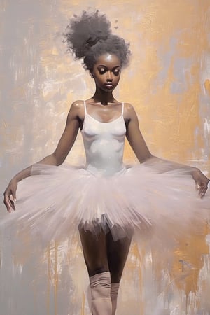 Abstract artistic background. Vintage illustration, (beautiful Melanated girl wearing a ballet tutu: 1.4), on her toes, figures, golden brushstrokes. Textured background. Oil on canvas. modern Art. grey, wallpaper, poster, card, mural, print, wall art, detailmaster2,  Dreamwave