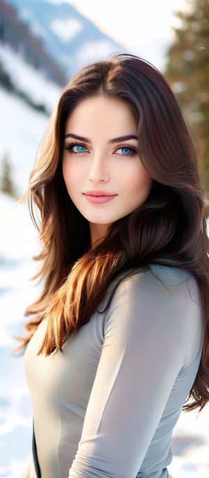Generate hyper realistic18 to 25 age India image of a woman with long, brown hair and captivating blue eyes, standing solo amidst a snowy landscape. Her upper body is elegantly portrayed, accentuating her graceful figure and charming smile. Despite the cold, she radiates warmth and confidence, her lips softly curved in a subtle invitation to the viewer.