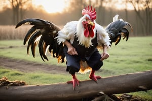 An ultra-high-definition macro shot of a crazy old farmer wearing a rooster costume. Crouched on a log flapping his wings and sceaming loudly, waking up the chickens. The chickens scamper in panic as they run around. The overall insanity and hilarious spectical of the image is intense and adrenalin fuelled. Capture the rediculousness of this early morning sunrise wake-up.