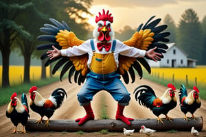 An ultra-high-definition macro shot of a crazy old farmer wearing a rooster costume. Crouched on a log flapping his wings and sceaming loudly, waking up the chickens. The chickens scamper in panic as they run around. The overall insanity and hilarious spectical of the image is intense and adrenalin fuelled. Capture the rediculousness of this early morning sunrise wake-up., , in the style of esao andrews