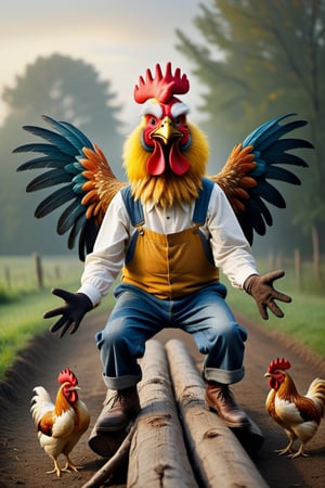 An ultra-high-definition macro shot of a crazy old farmer wearing a rooster costume. Crouched on a log flapping his wings and sceaming loudly, waking up the chickens. The chickens scamper in panic as they run around. The overall insanity and hilarious spectical of the image is intense and adrenalin fuelled. Capture the rediculousness of this early morning sunrise wake-up., , in the style of esao andrews