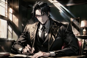 Masterpiece, beautiful, Incredibly detailed, 1boy, Anime Eyes, Detailed Eyes, (A handsome older man sits in his office at his desk he is Stern, imposing, well-dressed. He has black hair that's been slicked back and gold eyes that glare at the viewer, He is wearing a black suit with a fantasy twist to it. The sun shines through a window behind him casting a warm glow)
Man, 1man, older, middle-aged, serious, regal, royal, slicked_back_hair, black hair, tall, 