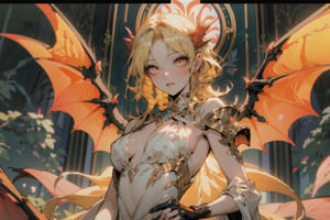 Masterpiece, beautiful, Incredibly detailed, 1girl, Anime Eyes, Detailed Eyes, (a mesmerizing woman hiding her dragon form, she radiates a mature yet youthful aura. Blonde hair shifts to fiery orange, cascading to her feet. Mystical, ethereal lighting bathes her in a radiant glow. Yellow eyes gleam, framed by long blonde lashes. Adorned in a flowing dress of white, orange, and pink, embellished with jewels and flowers. Pink and orange dragon wings and horns complete her enchanting presence.