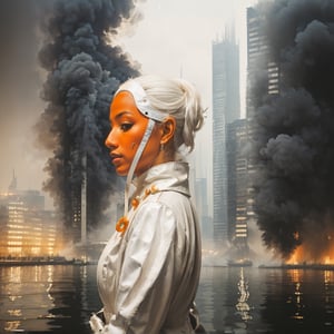 Side Portrait of a Woman wearing a surrealistic mask made of white orange leather, , smoke and water flooding across huge highrise buildings in the background, nighttime 