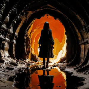 Floating woman, dark background, orange hue, Cave, muddy ground, glossy, backlight 