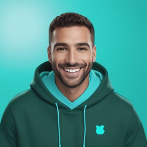 green screen background, smile, wear hoodies turquoise,man