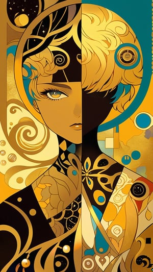 A beautiful girl, blonde hair, dynamic character, detailed exquisite face, bold high quality, high contrast, patchwork, vibrant colors, looking at viewer, complex background, intricate gold patterns, swirling motifs, (Gustav Klimt and Mucha and Caravaggio style artwork),art_booster,dal-1