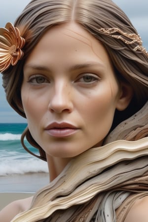"hyper-realistic digital painting of ethereal female made of driftwood, mixed media portrait texture play collage (3/4 face view:1.3) rough wood, lace pearls ribbon quilling, copper flowers coastal colors, with a background of beach with ocean waves,
