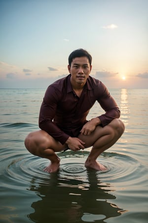 Realistic photography , Handsome Thai Men , Squatting in the sea