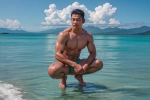 Realistic photography , Handsome Thai Men , Squatting in the sea