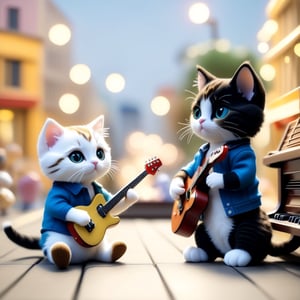 Two kittens, wearing casual clothes,they are playing guitars on a crowded street,one is playing piano,they play the musical instrument as if they were real human, others pass them by,plush doll art,photo by Sony A7R5, shot on 35mm,imitated material --ar 3:4 --s 250