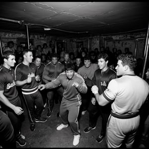 black and white, A photo of a hulk, surrounded by a group of dogs wearing light grey and dark blue tracksuits, playing music at an underground club, shot on film. --ar 97:128